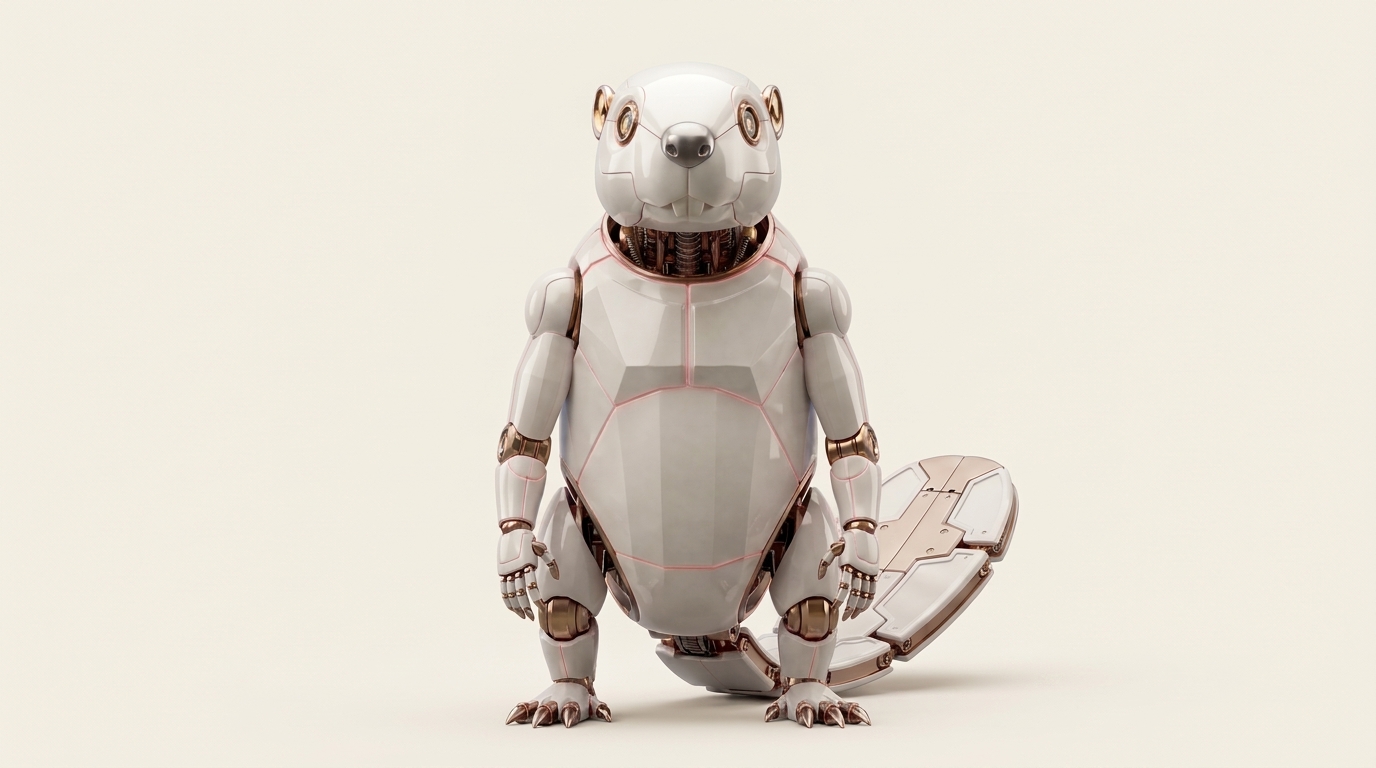 The Avni Synapse mascot: a robotic beaver in porcelain white with copper joints
